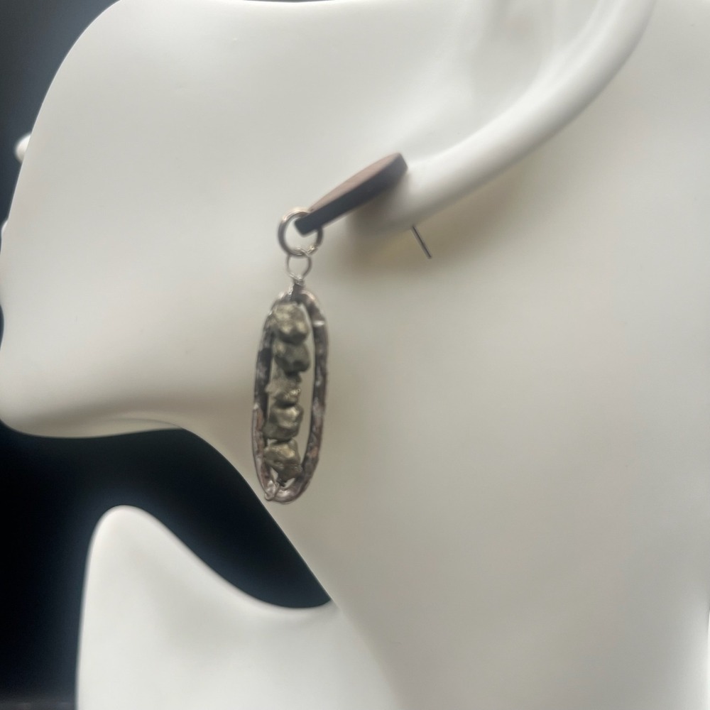 Vintage Pyrite Raw Nugget Dangle Earrings Jewelry Wood Silver Tone Stud Post - Picture 4 of 13